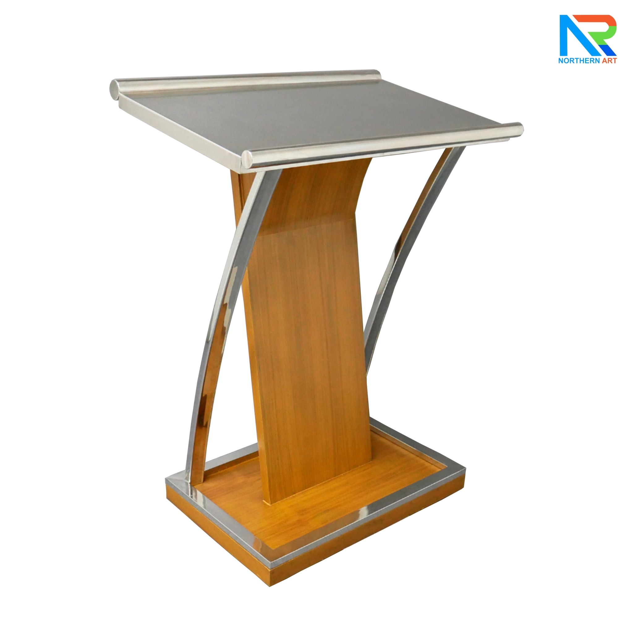 โพเดียมไม้ ยืนคู่ สีสัก ขนาด (W) 90x (L) 59 x (H) 120 cm.Topและฐาน หุ้มสแตนเลสเกรด304