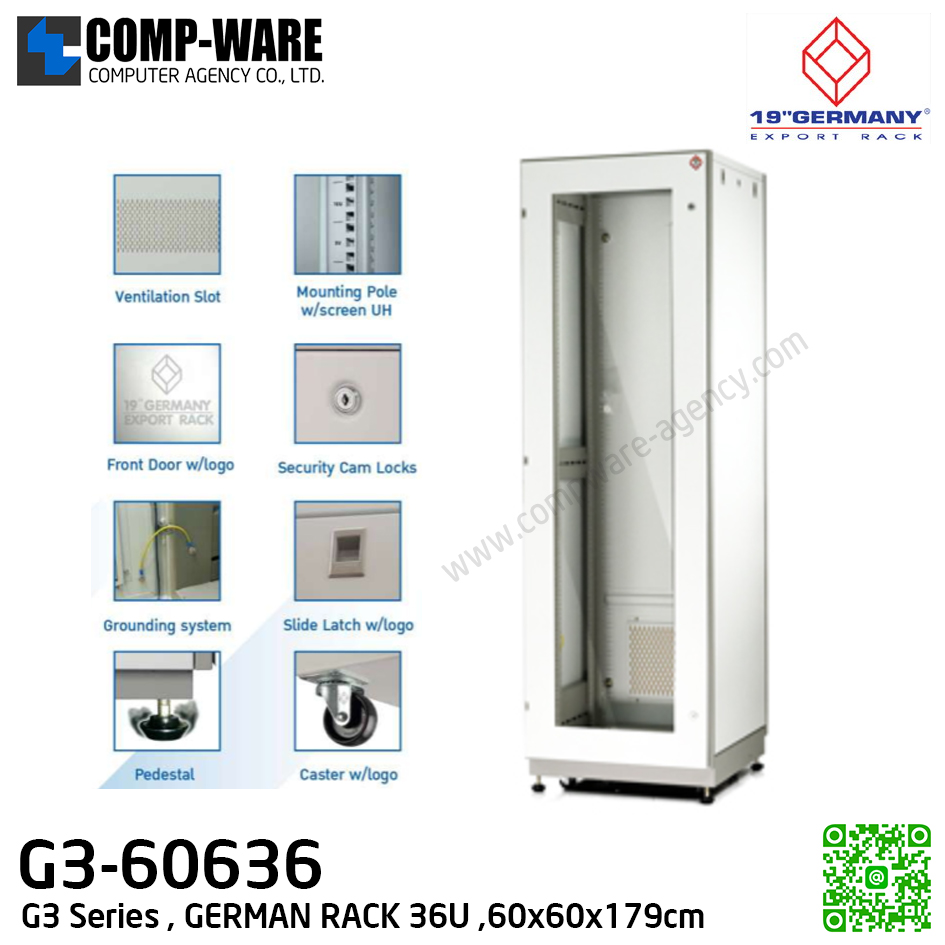 19" GERMAN G3-60636 RACK 36U, ลึก 60cm. Two-Tone White-Gray (60cm*60cm*179cm) รุ่น G3 Series // ตู้เปล่าเท่านั้นไม่มีอุปกรณ์เสริม