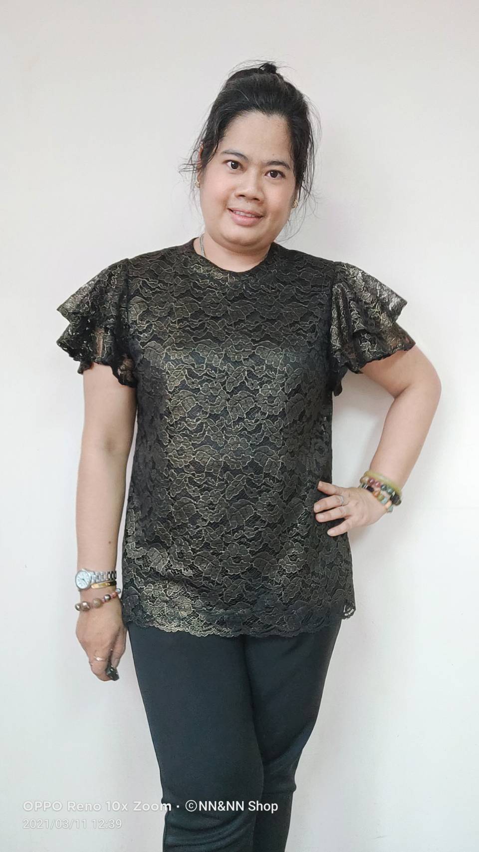 NNandNN Shop 3 0017 เสื้อลูกไม้คอกลม แขนบานสองชั้น สีพื้น หลายสี 4XL 46