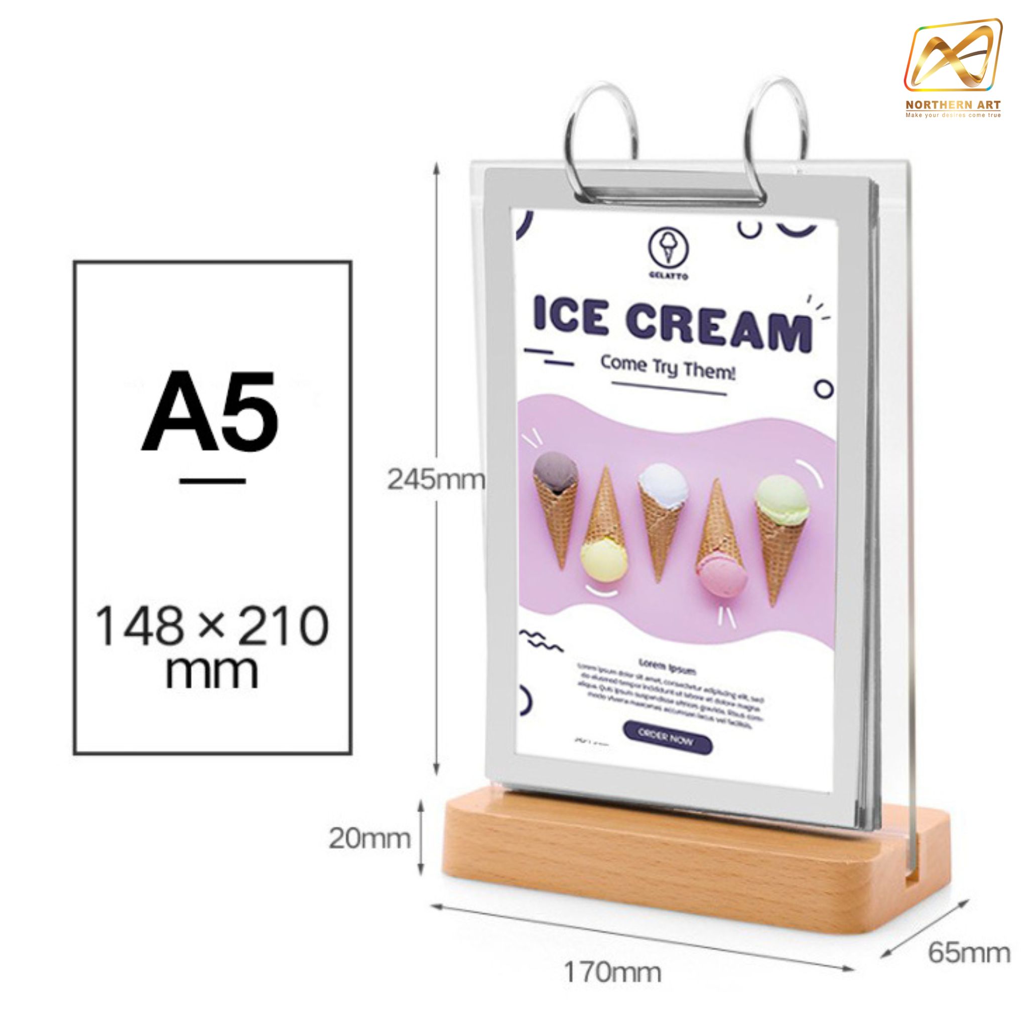 เมนูสแตนไม้ ตั้งโต๊ะ D3 ฐานไม้จริง สีบีช พร้อมซอง 6 ซอง โชว์งานพิมพ์ 2 ด้าน