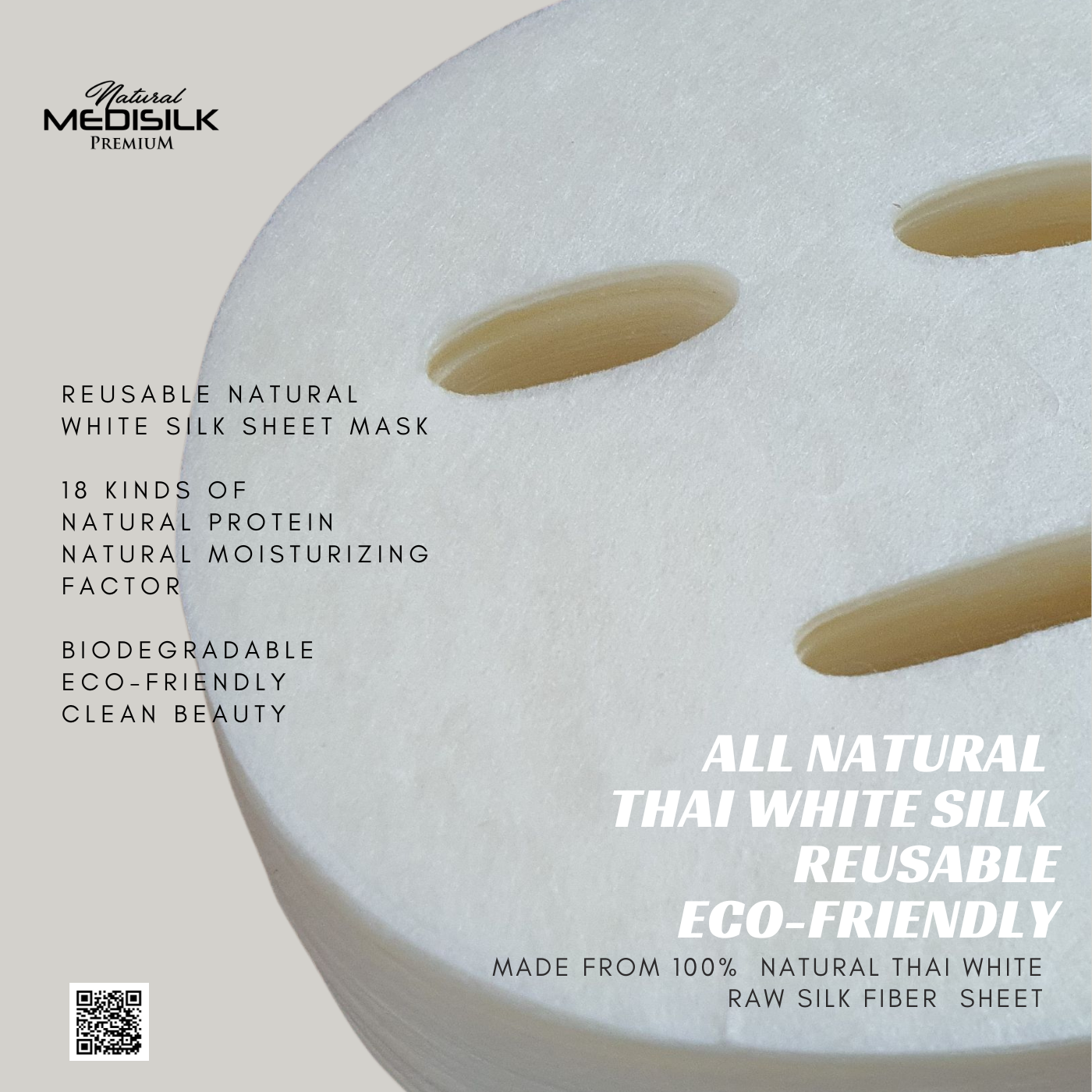 50 pcs. 100% Natural White Raw Silk Face sheet mask (Pre-cut openings for eyes, nose and mouth) แผ่นมาส์กหน้าใยไหมธรรมชาติ 50 ชิ้น