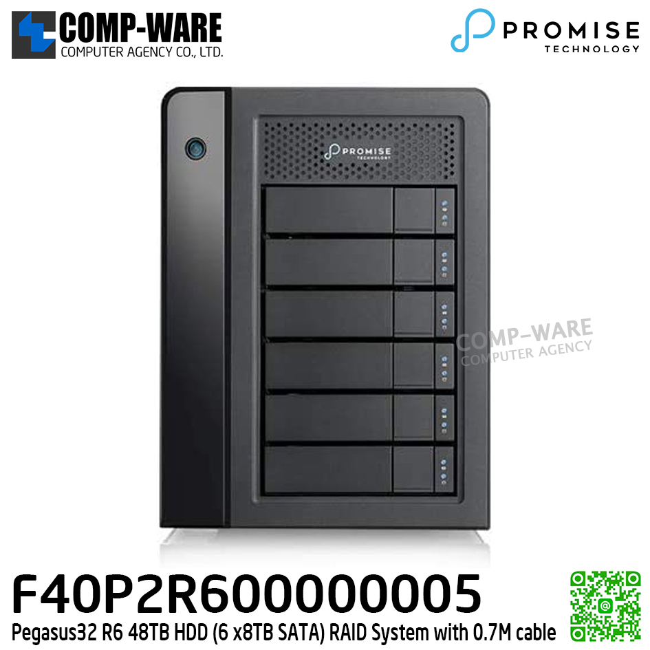 Promise Pegasus32 R6 48TB HDD (6 x8TB SATA) RAID System with 0.7M cable (APAC) รับประกัน 3ปี - F40P2R600000005