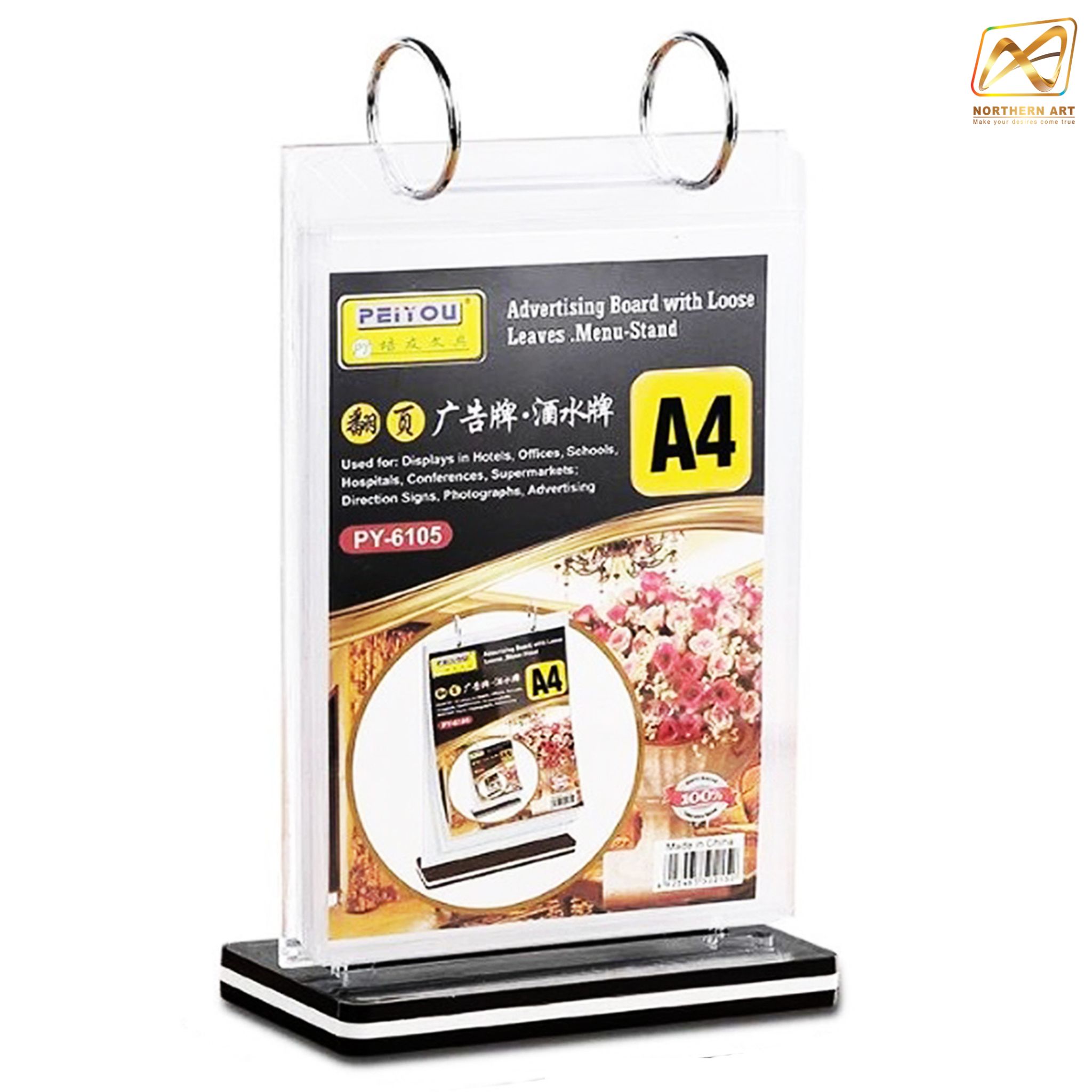 เมนูสแตนตั้งโต๊ะ รุ่นD5 ฐานพลาสติกสีดำ พร้อมซอง 6 ซอง โชว์งานพิมพ์2ด้าน พร้อมจัดส่งทั่วไทย