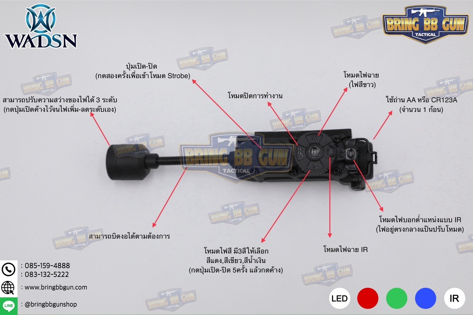 ไฟฉายติดหมวก Sidewinder Stalk ยี่ห้อ WADSN (Military Helmet Light System with Flexible Stalk) (ไฟฉายติดหมวกทรงStreamlight)