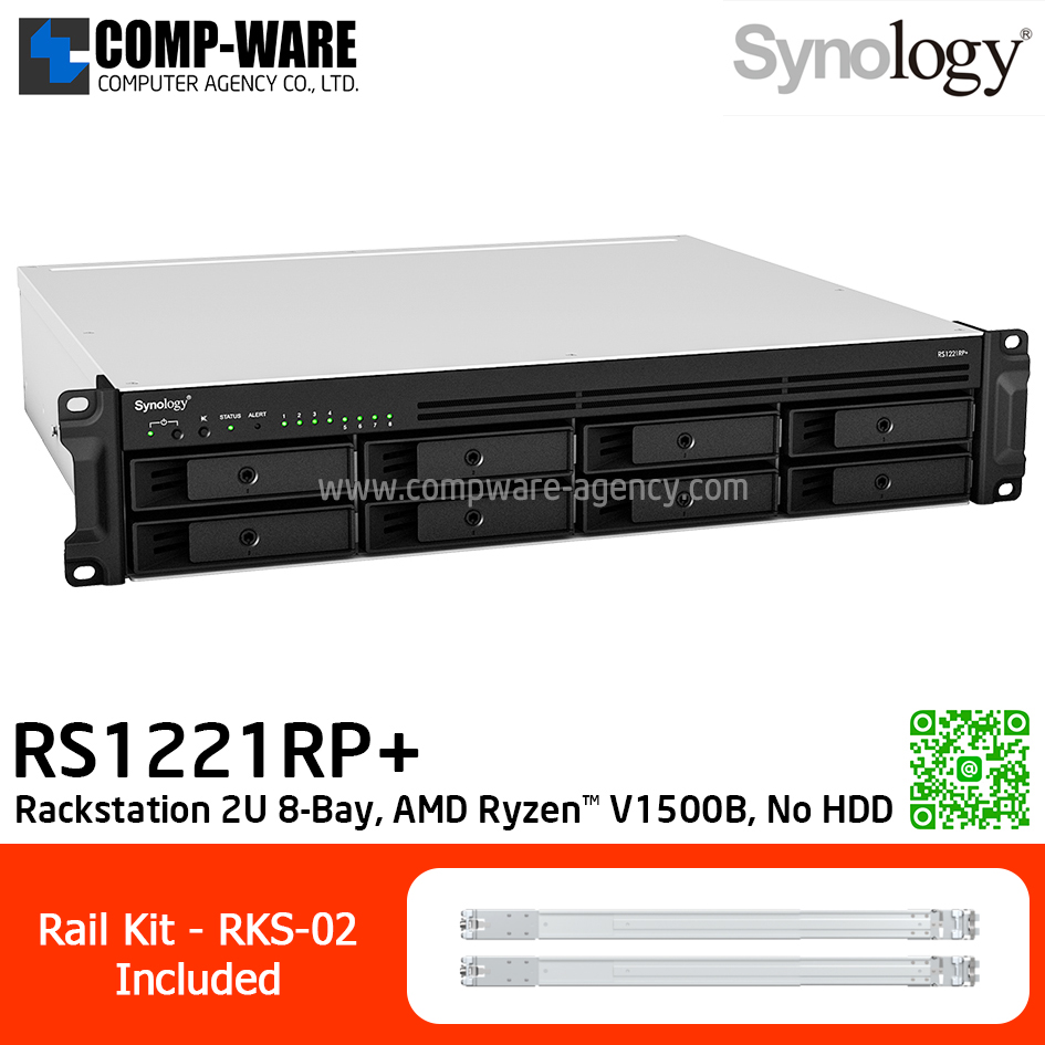 Synology RackStation (2U 8-Bay) RS1221RP+ (4GB RAM up to 32GB) AMD Ryzen V1500B,Redundant Power, w/Rail Kit RKS-02 / No HDD / 3Y warranty