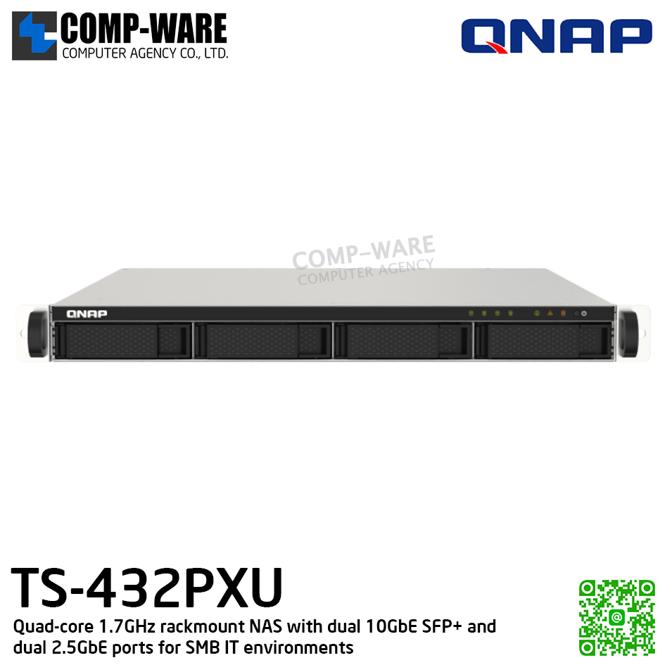 QNAP (1U 4-Bay) TS-432PXU-2G / Annapurna Labs Alpine AL324 (4Core) / 2GB DDR4 UDIMM / 4 x 2.5"/3.5" SATA 6Gbps / 2 x 10GbE SFP+ + 2 x 2.5GbE / Single PSU / 3Y Warranty / No HDD / RAIL-B02