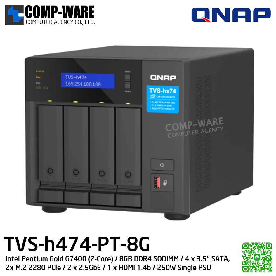 QNAP (Tower 4-Bay) TVS-h474-PT-8G / Intel Pentium Gold G7400 (2-Core) / 8GB DDR4 SODIMM / 4 x 3.5" SATA, 2x M.2 2280 PCIe / 2 x 2.5GbE / 1 x HDMI 1.4b / 250W Single PSU / 2Y Warranty / No HDD