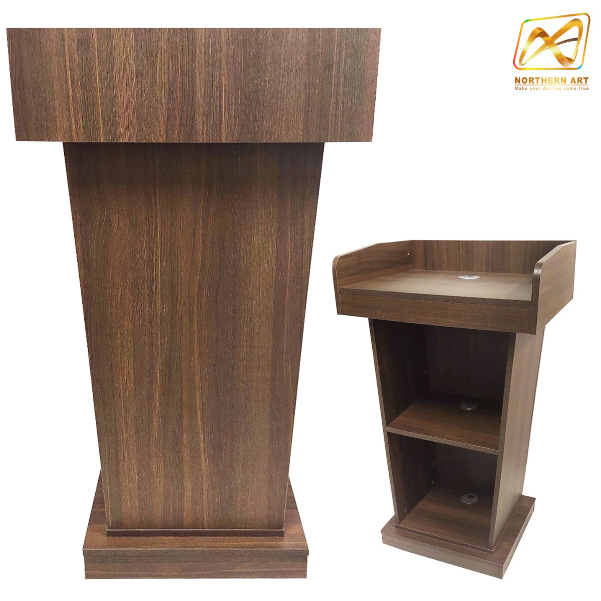 เช่าโพเดียมไม้ ลายไม้สีสัก ขนาด TOP (W)60 x (D)50 cm. สูง 109 cm. พร้อมชั้นวางของ