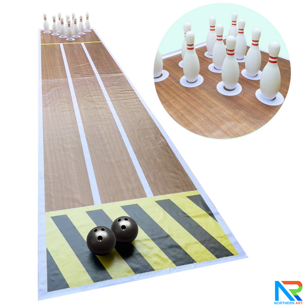 เกมส์โยนโบว์ลิ่งพร้อมผ้าใบ ขนาดโบว์ลิ่ง สูง 30 ซม. ขนาดผ้าใบ (W)100 x (L)497 cm. พร้อมพิน 10 อันและ ลูกบอลสีดำ 2 ลูก