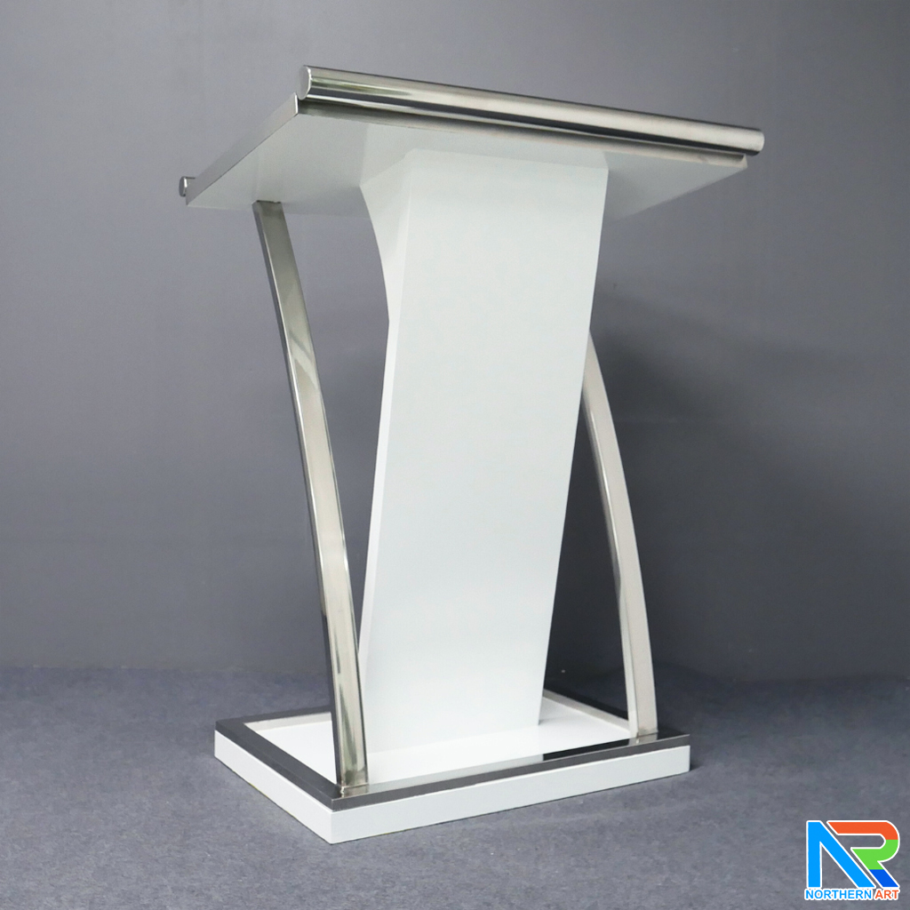 โพเดียมไม้ ยืนคู่ สีขาว ขนาด (W) 90x (L) 59 x (H) 120 cm.Topและฐาน หุ้มสแตนเลสเกรด304