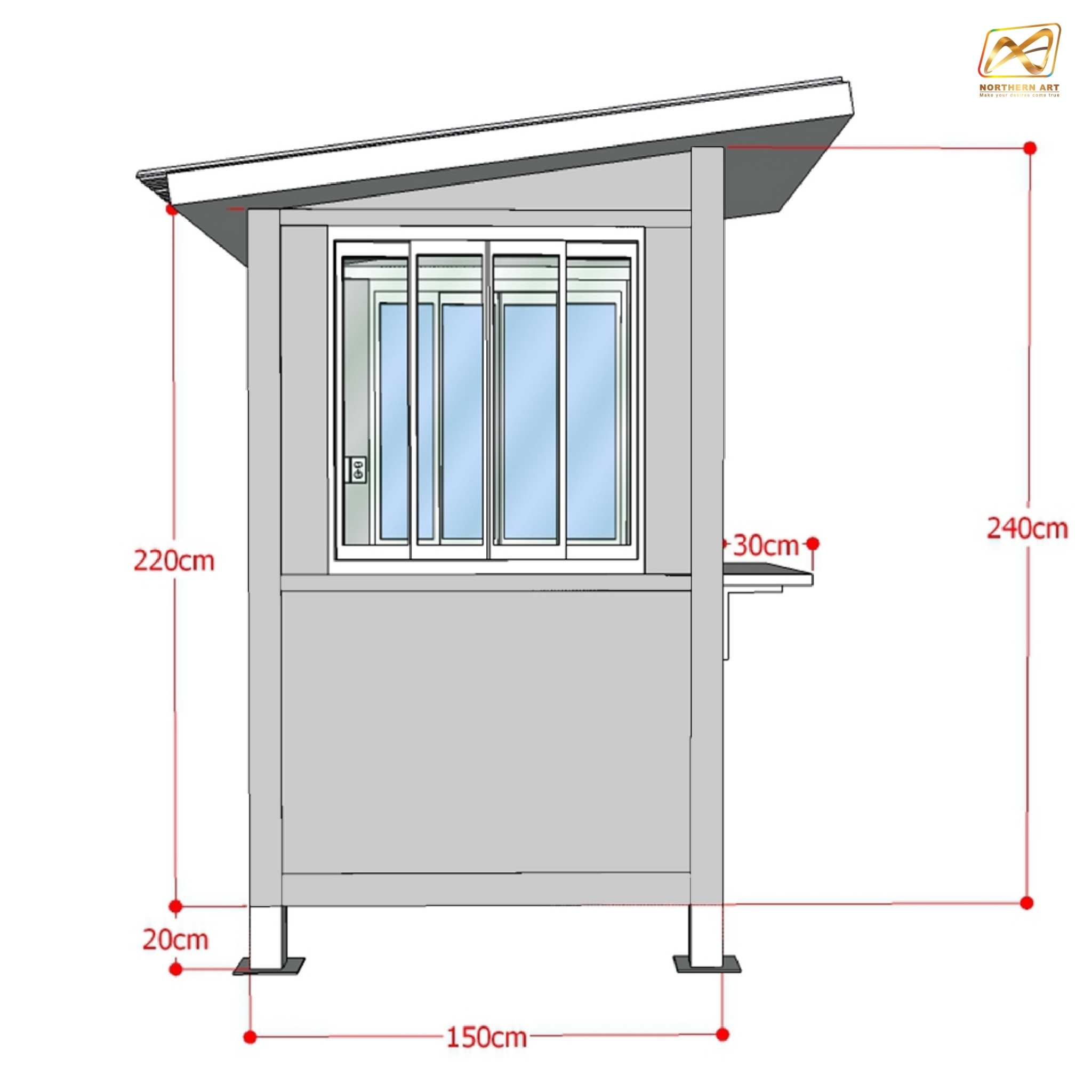 ป้อมยามสำเร็จรูป หุ้มเสา ขนาด (W)1.50 x (L)2.00 x (H)2.60 ม. โครงเหล็ก กรุแผ่นสมาร์ทบอร์ด บานหน้าต่างอลูมิเนียม