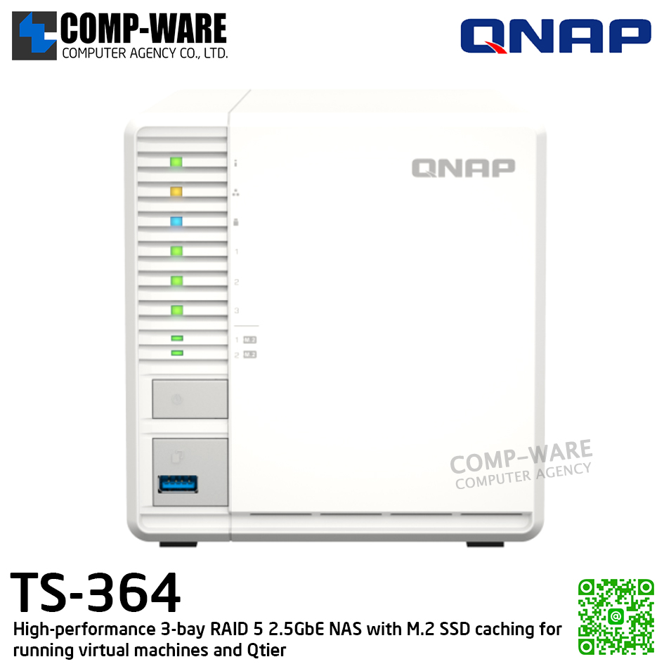 QNAP (Tower 3-Bay) TS-364-4G / Intel Celeron N5105/N5095 (4Core) / 3 x 3.5" SATA 6Gb/s / 4GB DDR4 SODIMM / 1 x 2.5GbE / Adapter Power / 2Y Warranty / No HDD