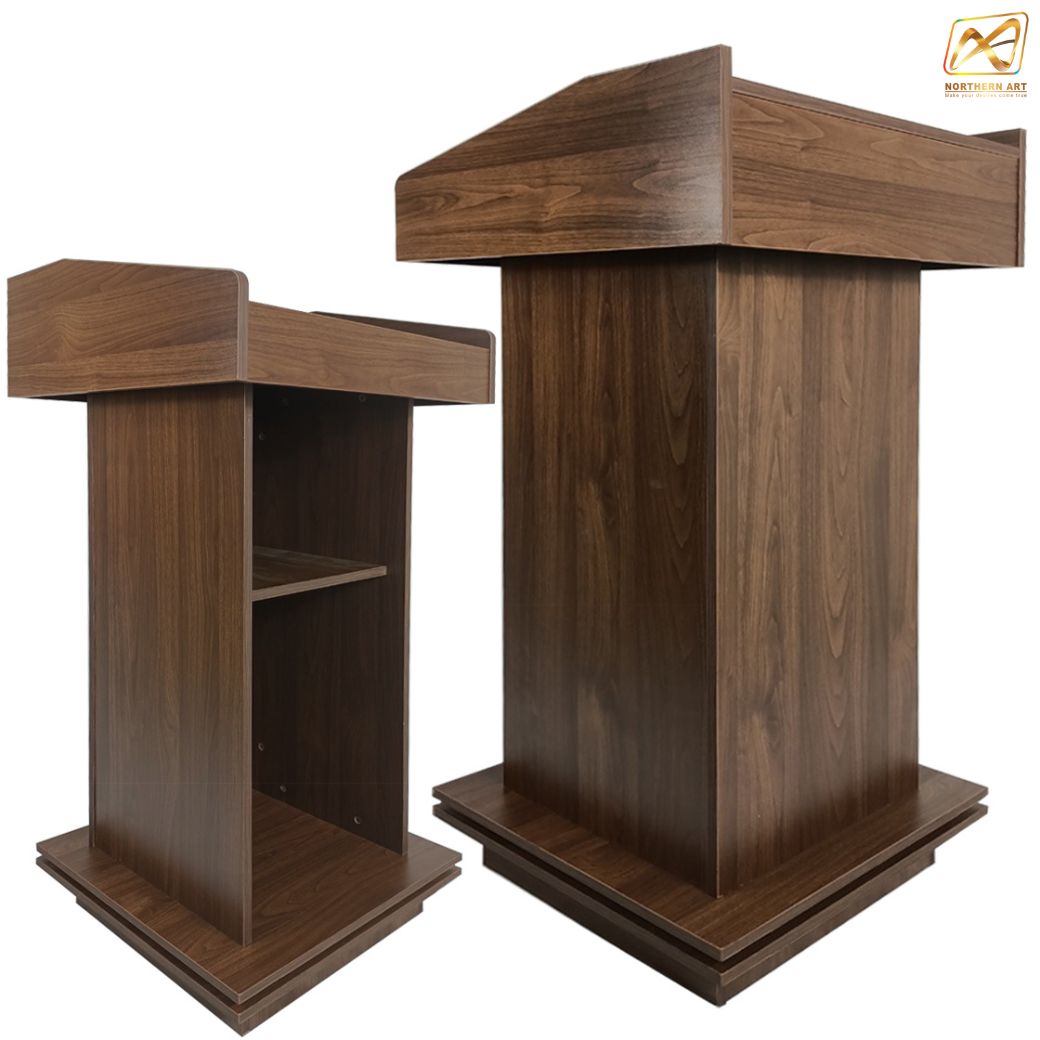 โพเดียมให้เช่า สีโอ๊ค โพเดียมไม้MDF ปิดผิวลายไม้สีบีช ทันสมัย พร้อมบริการรับ-ส่ง กทมฯและปริมณฑล