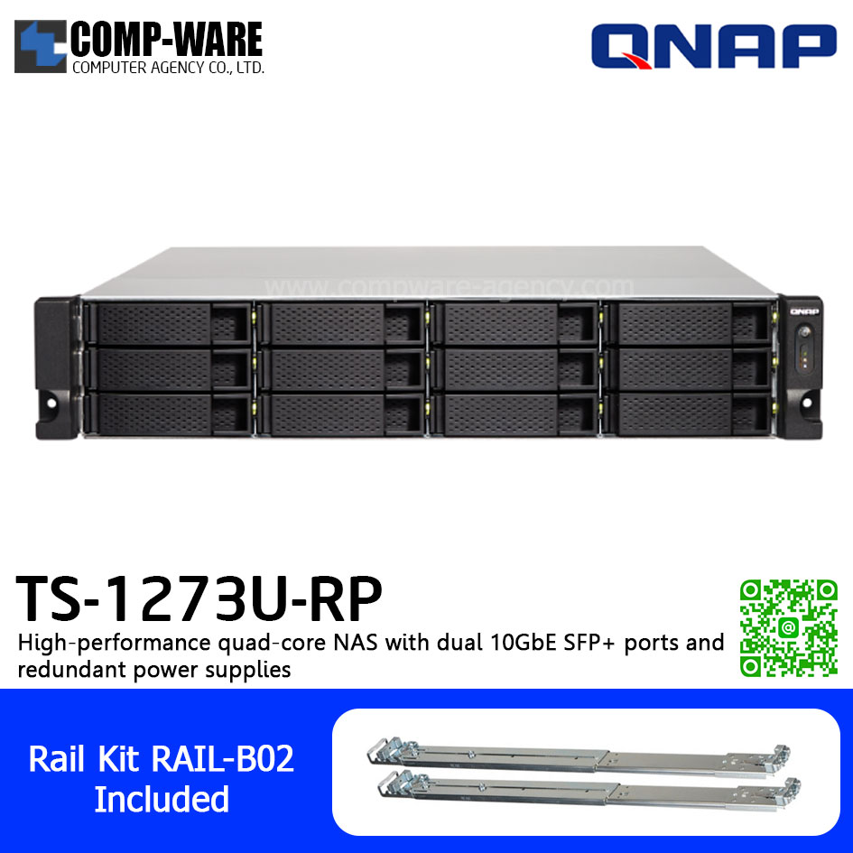 QNAP NAS (2U 12-Bay) TS-1273U-RP-8G (8GB RAM up to 64GB) AMD R-Series RX-421ND , 2 x 10GbE SFP+ ,Redundant Power Supply w/Rail Kit RAIL-B02, No HDD