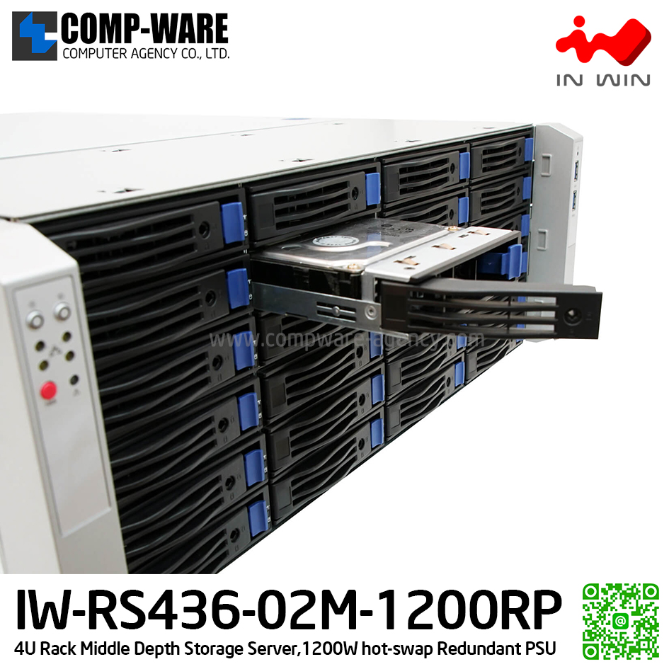 IN-WIN IW-RS436-02M-1200RP 4U Rackmount Middle Depth Storage Server, 1200W hot-swap Redundant Power Supply (เคสเปล่า+พาวเวอร์ซัพพลาย) รับประกัน 3ปี