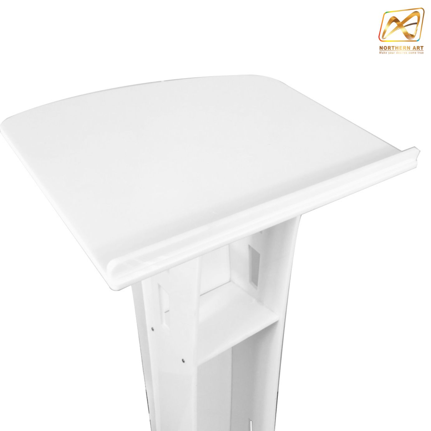 เช่าโพเดียม อะคริลิคสีขาว AC-14 ขนาด TOP (W)60 x (L)45 สูง (H)114 cm. พร้อมชั้นวางของ