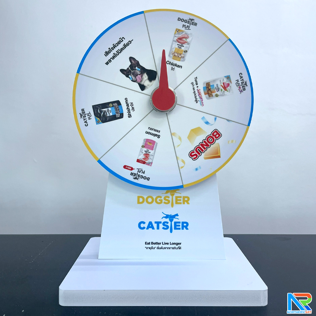 เกมส์วงล้อตั้งโต๊ะ ขนาดวงล้อ 40 ซม. สูง 56 ซม. วัสดุพลาสวูดสีขาว หนา 8-15 มม. ถอดประกอบได้