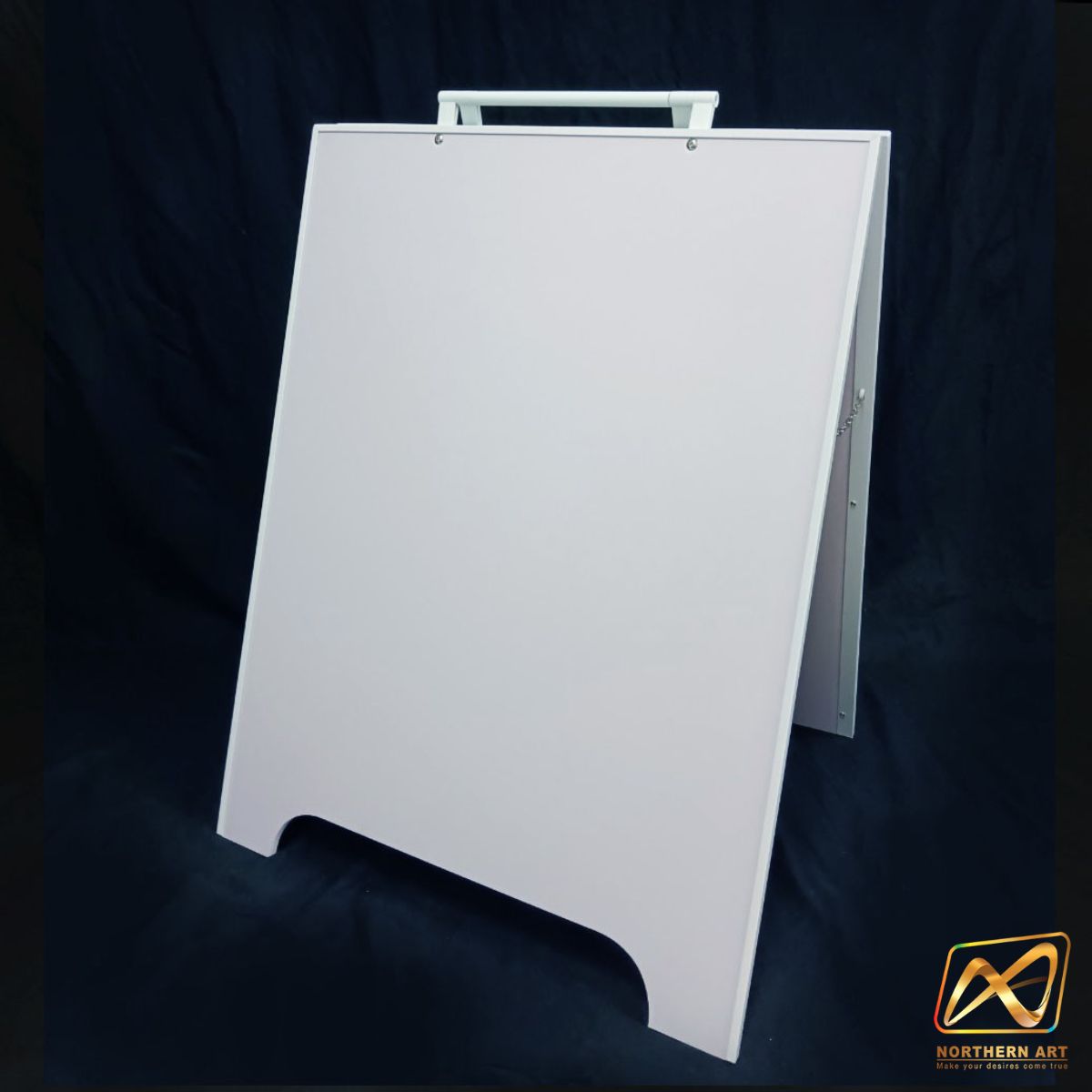 ป้ายตั้งพื้น ป้ายมินิมอล สีขาว 2 หน้า ขนาด 46x60 cm. พับเก็บได้ ขอบเหล็กทำสีหุ้มแผ่นพลาสวูดหนา 10 มม.
