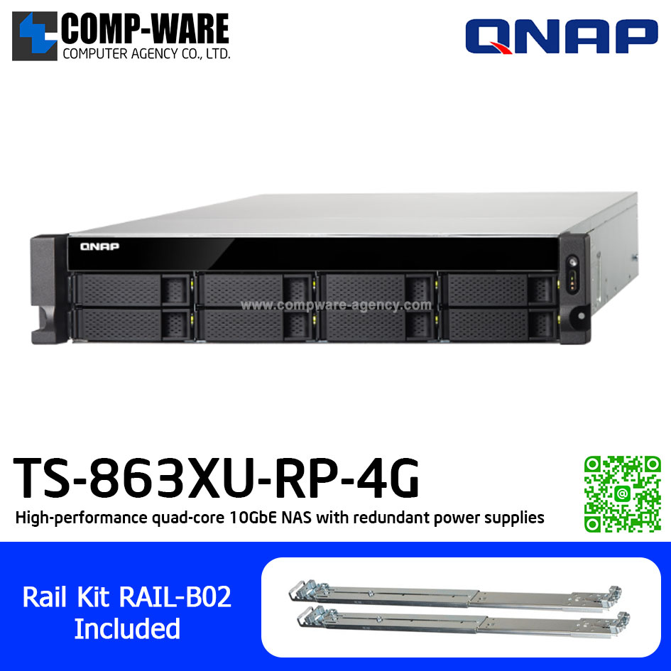 QNAP NAS (2U 8-Bay) TS-863XU (4GB RAM) Single Power Supply , Redundant Power Supply , with Rail kit (RAIL-B02), No HDD