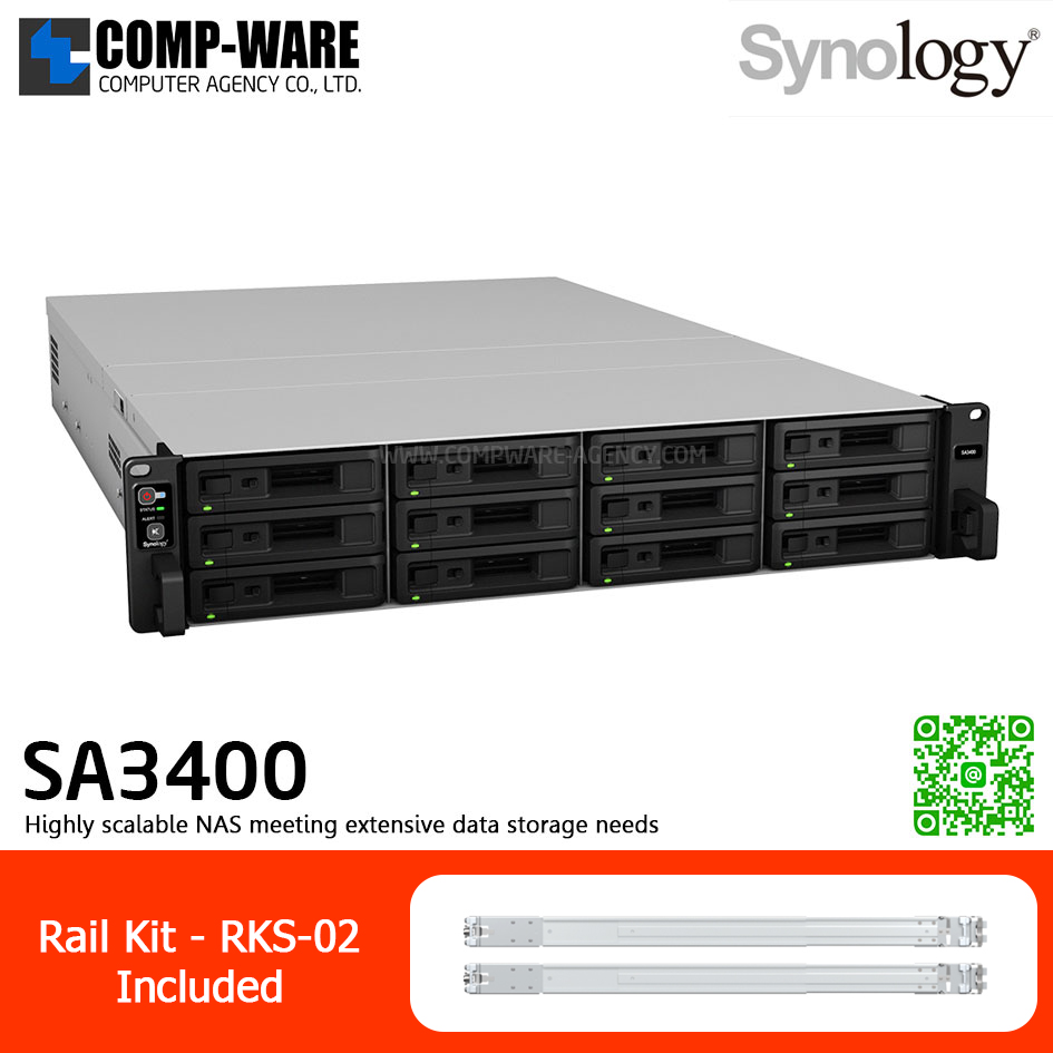 Synology RackStation (2U 12-Bay) SA3400 (16GB ECC RAM up to 128GB) Intel Xeon D-1541 8-Core ,with Rail Kit RKS-02, No HDD