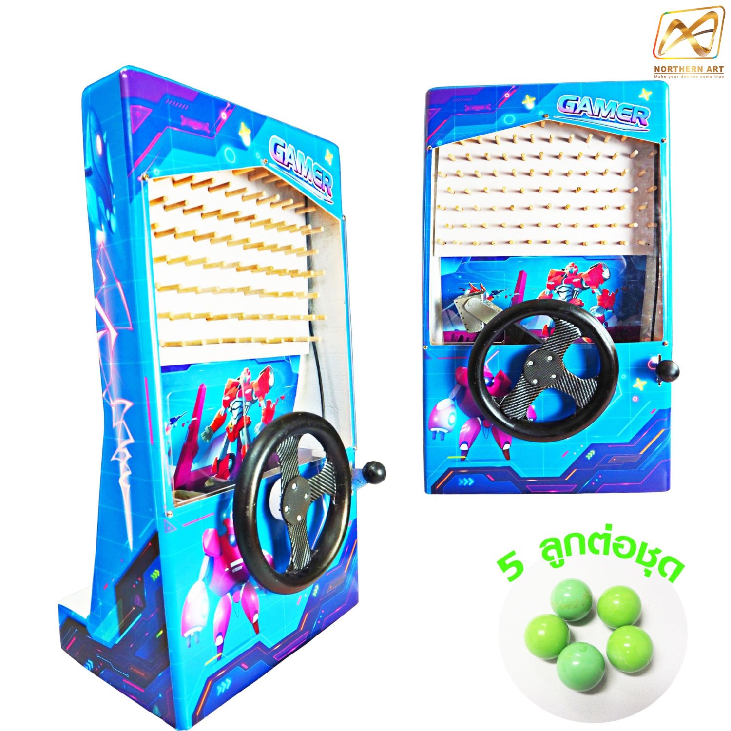 เช่าเกมส์หย่อนลูกแก้ว ขนาด (W)44 x (D)26 x (H)76 cm. วัสดุทำจากไฟเบอร์กลาส พร้อมสติ๊กเกอร์ และ ลูกแก้ว 5 ลูก