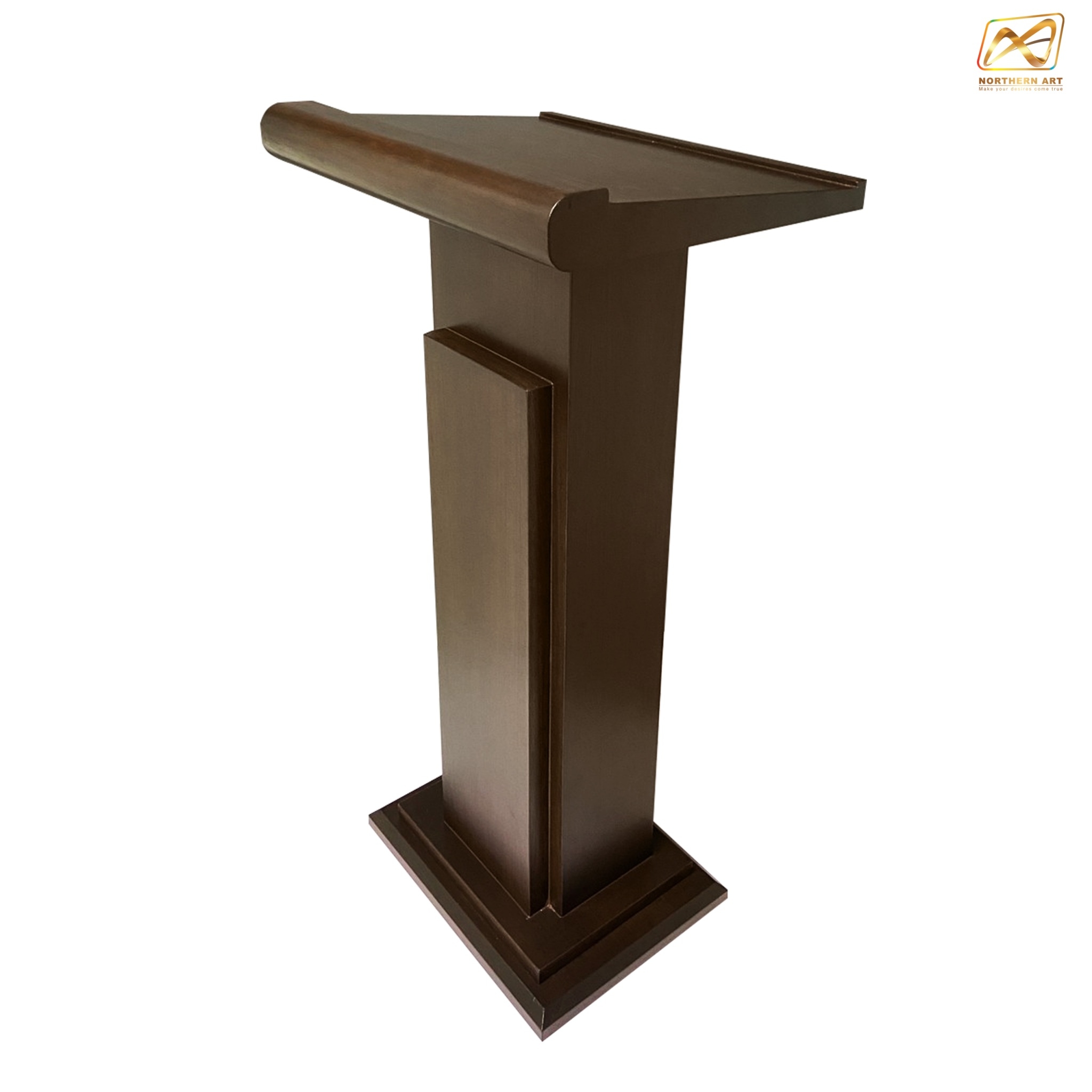 โพเดียมไม้ สีโอ๊ค ทรงโมเดิร์น TOPตรง ขนาด (W)55 x (L)42 x (H)109 cm. พร้อมชั้นวางของ