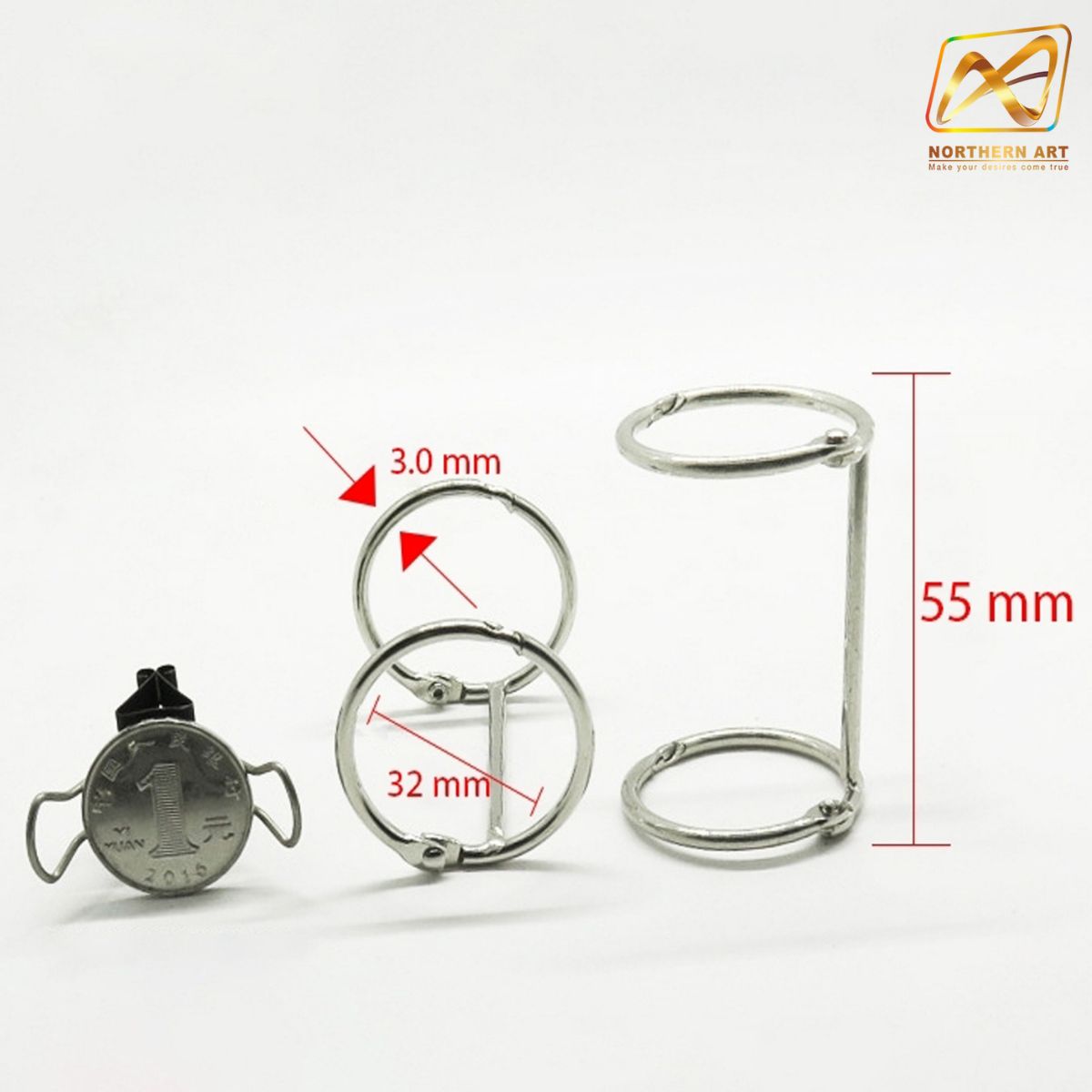 ห่วงคู่ สีเงิน ขนาด 3.0x32x55 mm. มีตัวล็อคห่วง ใช้เป็นห่วงใส่เอกสาร ห่วงแฟ้ม ห่วงปฏิทิน ห่วงเมนู