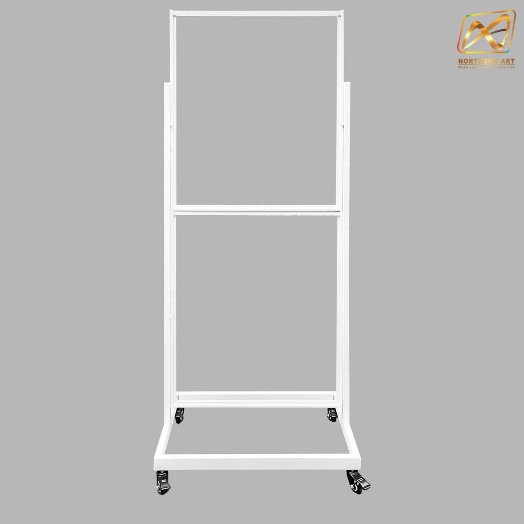 ป้ายตั้งพื้นเหล็ก กรอบคู่ สีขาว มีล้อ (W) 58 × (L) 73 x (H) 160 cm. สอดงานด้านบน โชว์ภาพ2ด้าน ถอดประกอบได้