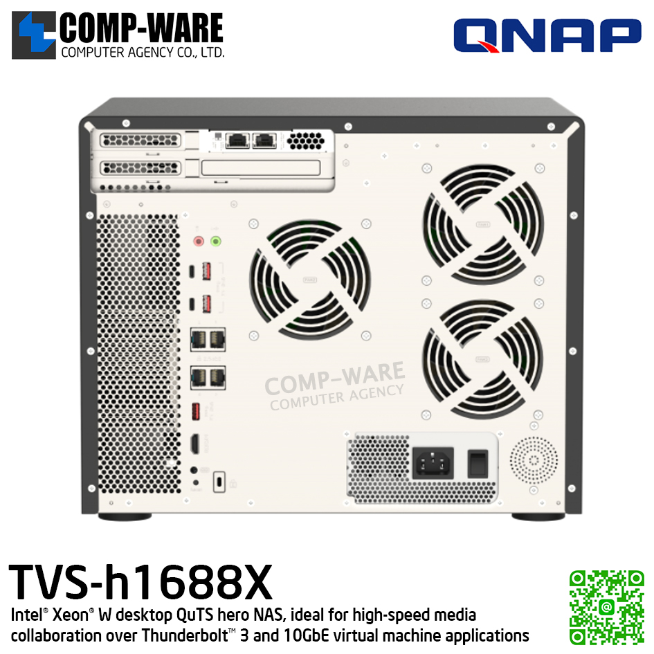 QNAP (Tower 16-Bay) TVS-h1688X-W1250-32G / Intel Xeon W-1250 (6C/12T) / 32GB DDR4 ECC / 12 x 2.5"/3.5" SATA 6Gbps + 4 x 2.5" SATA 6Gbps + 2 x M.2 NVMe PCIe Gen3 x4 / 550W Single PSU / 3Y Warranty , No HDD