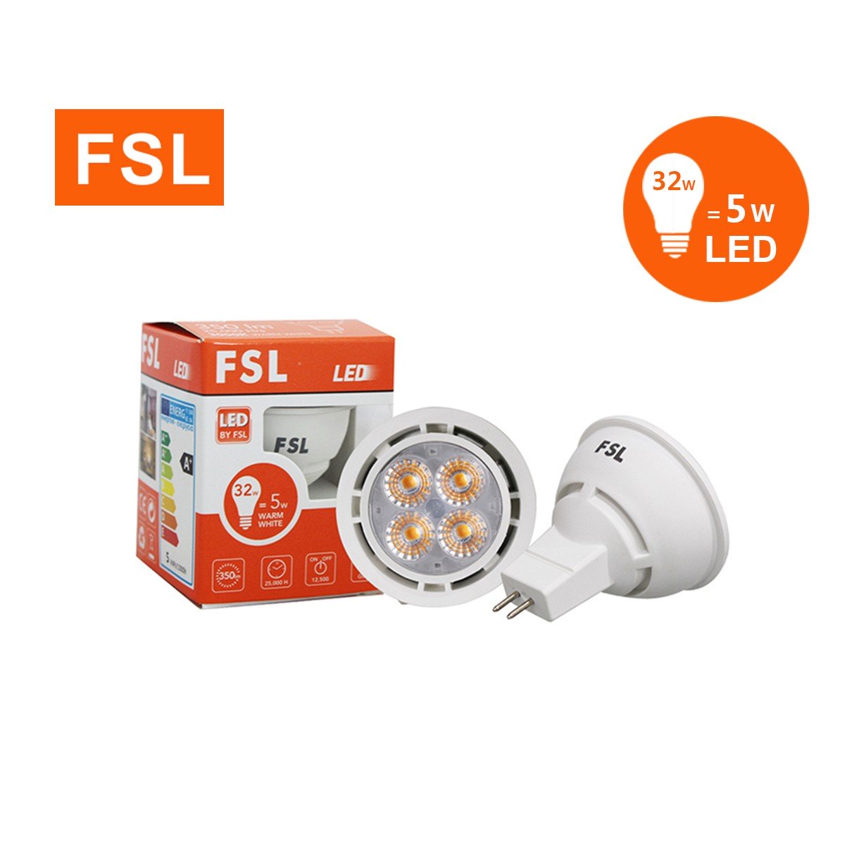 ไฮพาวเวอร์ FSL-MR16-5W-AC180-265V แสงขาวและแสงวอร์มไวท์