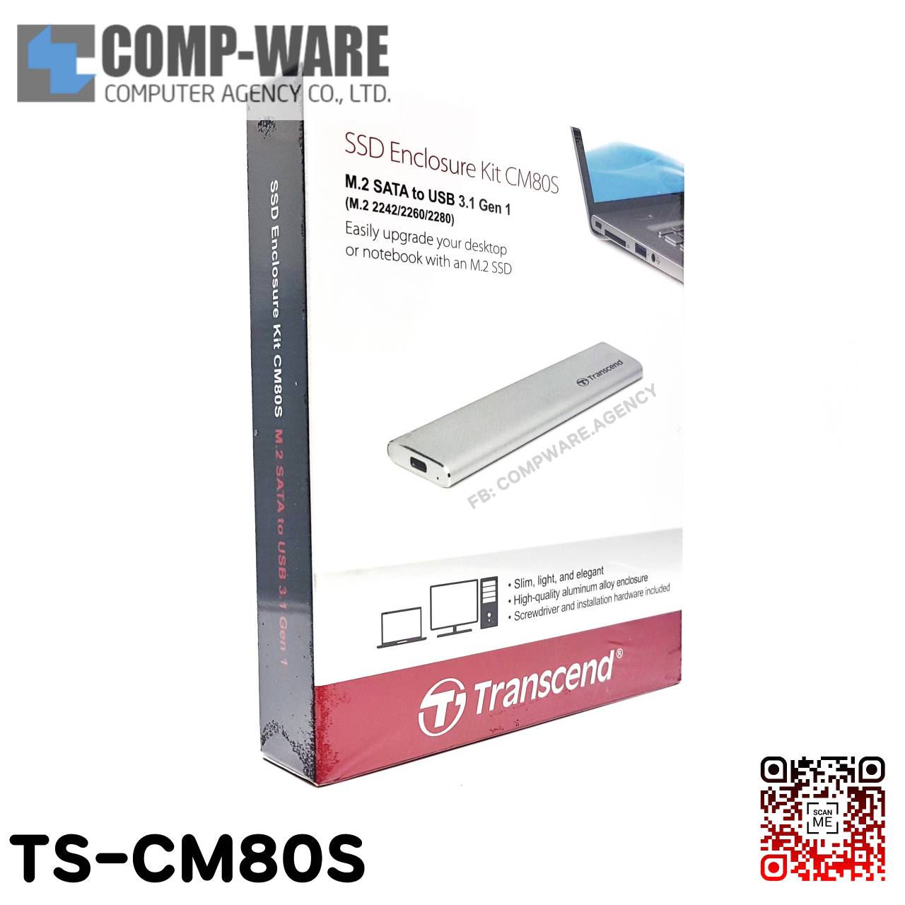 Transcend ตัวแปลง TS-CM80S M.2 SATA SSD To USB 3.1 SSD Enclosure Kit (สีเงิน), 1 Mounth