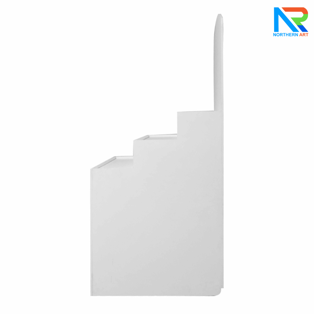 เช่าชั้นวางพลาสวูดขั้นบันได ขนาด (W) 80 x (L)64 x (H)160 cm. มีล้อเลื่อนพร้อมตู้เก็บของด้านหลัง