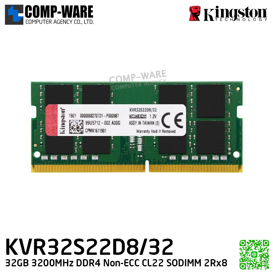 Kingston KVR32S22D8/32 32GB 3200MHz DDR4 Non-ECC CL22 SODIMM 2Rx8 - Lifetime Warranty - Memory Module - RAM