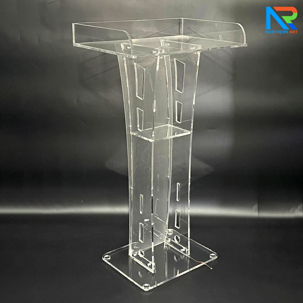 โพเดียมอะคริลิค เรืองแสงไฟ LED พร้อมรีโมทคอนโทรล รุ่น LED-05 ขนาด (W) 60 x (L) 42 x (H) 109 ซม.