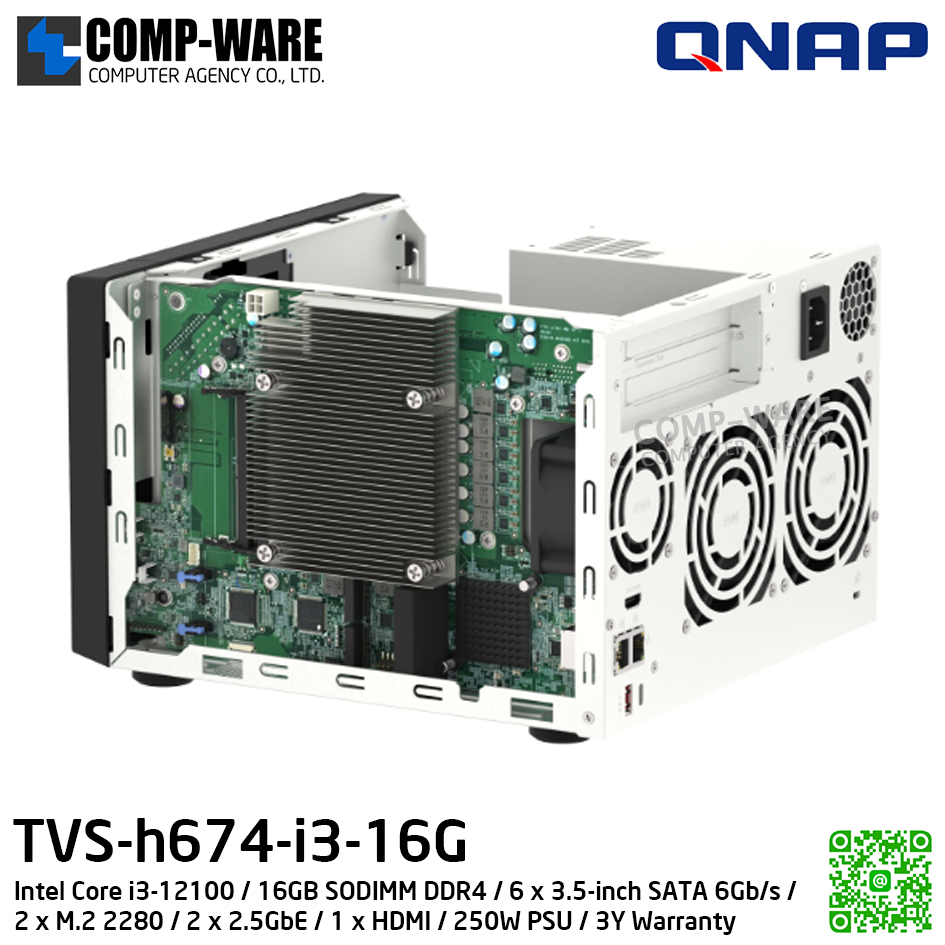 QNAP (Tower 6-Bay) TVS-h674-i3-16G / Intel Core i3-12100 / 16GB SODIMM DDR4 / 6 x 3.5-inch SATA 6Gb/s / 2 x M.2 2280 / 2 x 2.5GbE / 1 x HDMI / 250W PSU / 3Y Warranty / No HDD