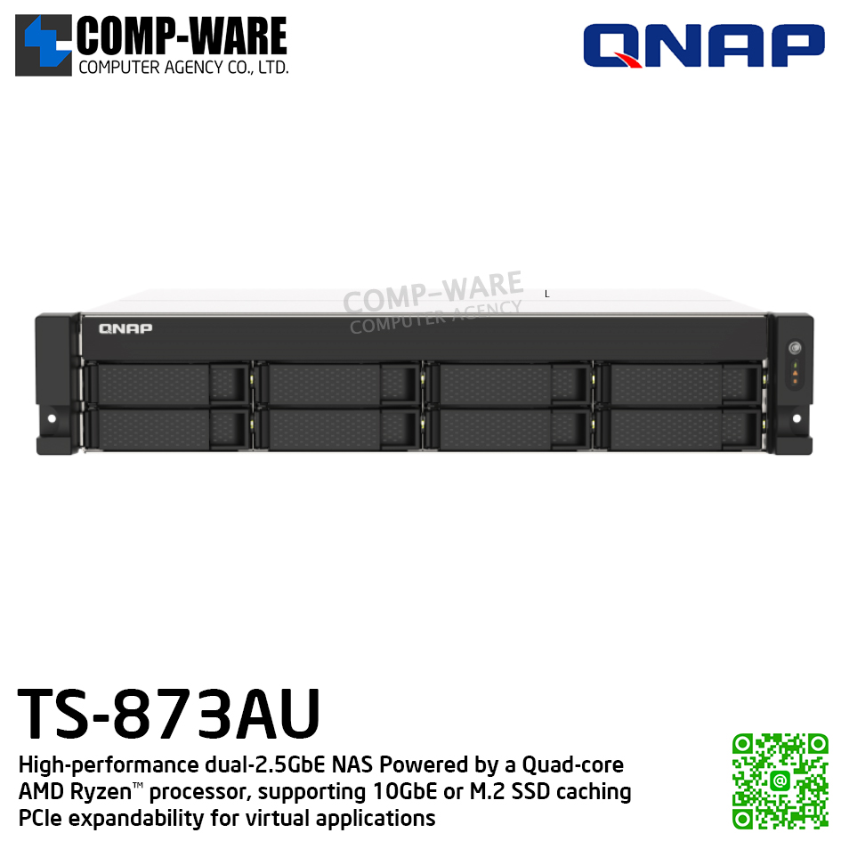 QNAP (2U 8-Bay) TS-873AU-4G / AMD Ryzen V1500B (4C/8T) / 4GB (1 x 4GB) DDR4 / 8 x 2.5"/3.5" SATA 6Gbps / 2 x 2.5GbE / 250W PSU / 3Y Warranty , No HDD , No Rail kit