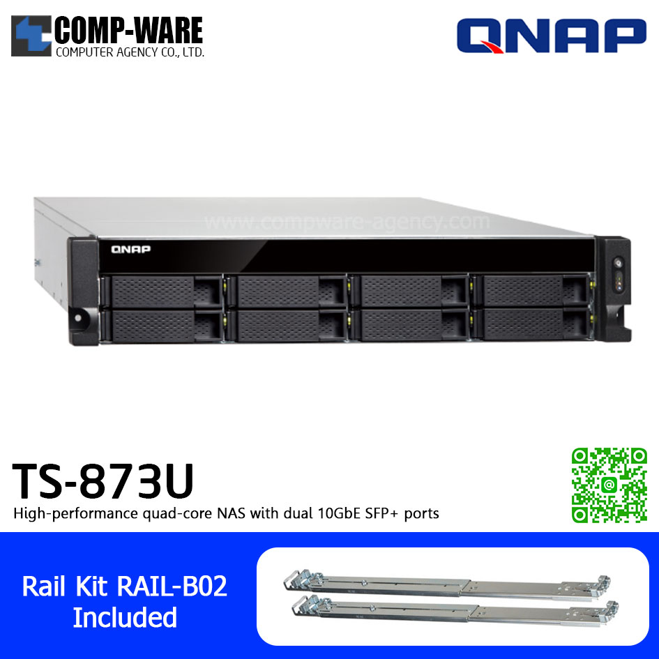 QNAP NAS (2U 8-Bay) TS-873U-4G (4GB RAM up to 64GB) AMD R-Series RX-421ND , 2 x 10GbE SFP+ ,Single Power Supply w/Rail Kit RAIL-B02, No HDD