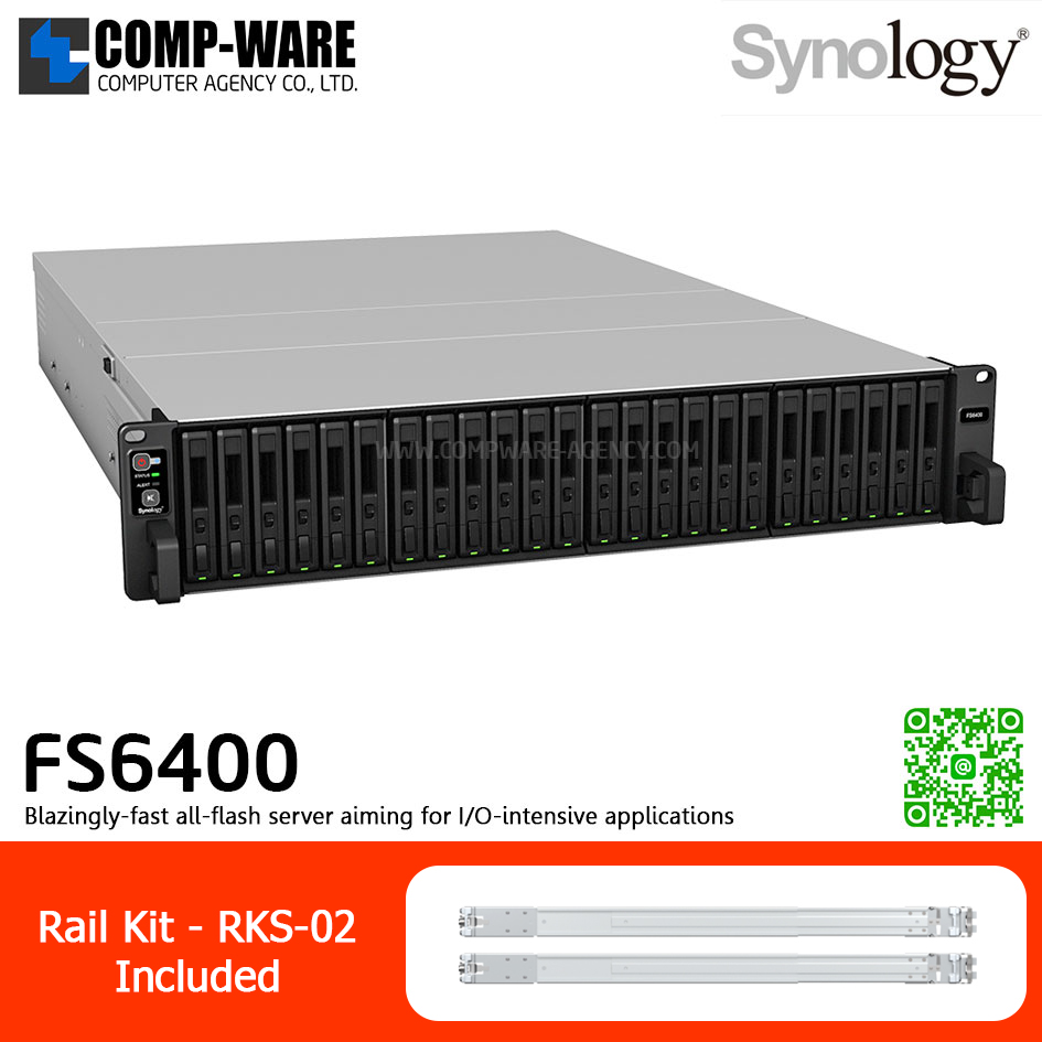 Synology FlashStation (2U 24-Bay 2.5'' SAS/SATA All-flash storage) FS6400 / 2 x Intel Xeon Silver 4110 / 32GB DDR4 RDIMM (Max. 512GB) / 2x1GbE Base T, 2x10GbE Base T / Redundant Power / Rail kit RKS-02 / No HDD / 5Y Warranty
