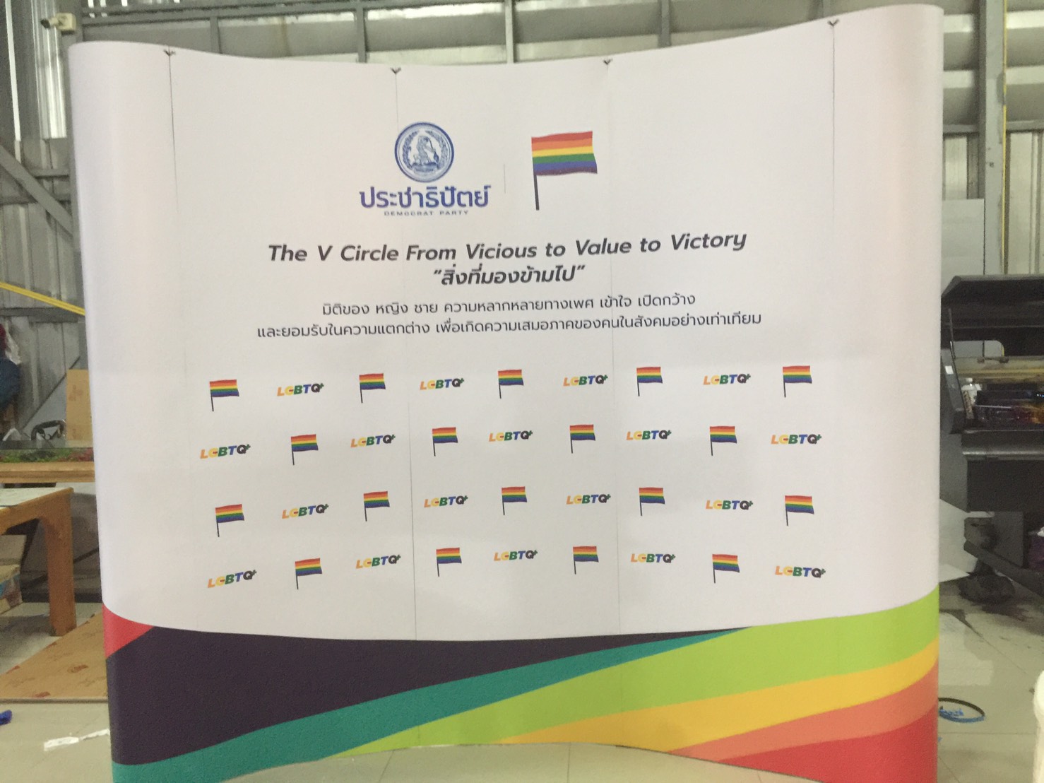 BACK DROP ฉากแบคดรอป รุ่นมน แบบโค้ง โครงอะลูมิเนียม ถอดประกอบได้ พร้อมงานพิมพ์ +โคมไฟ 2 ชุด และกระเป๋าล้อลาก 1 ใบ