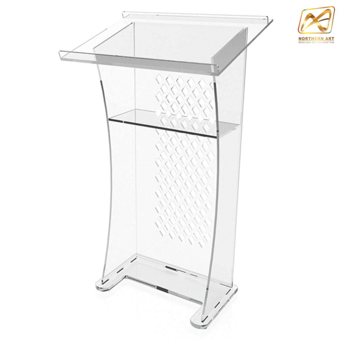 โพเดียม อะคริลิคใส AC-07 ขนาด 70x50x120 ซม.ด้านหน้าฉลุลาย TOP เอียงพร้อมกันตก วัสดุอะคริลิคใส หนา 10-20 มม.