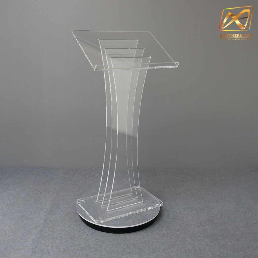 โพเดียม อะคริลิคใส AC-02 ขนาด(W)60 x (L)40 x (H)123 cm. TOP เอียงพร้อมกันตก วัสดุอะคริลิคใส หนา 10-20 มม.