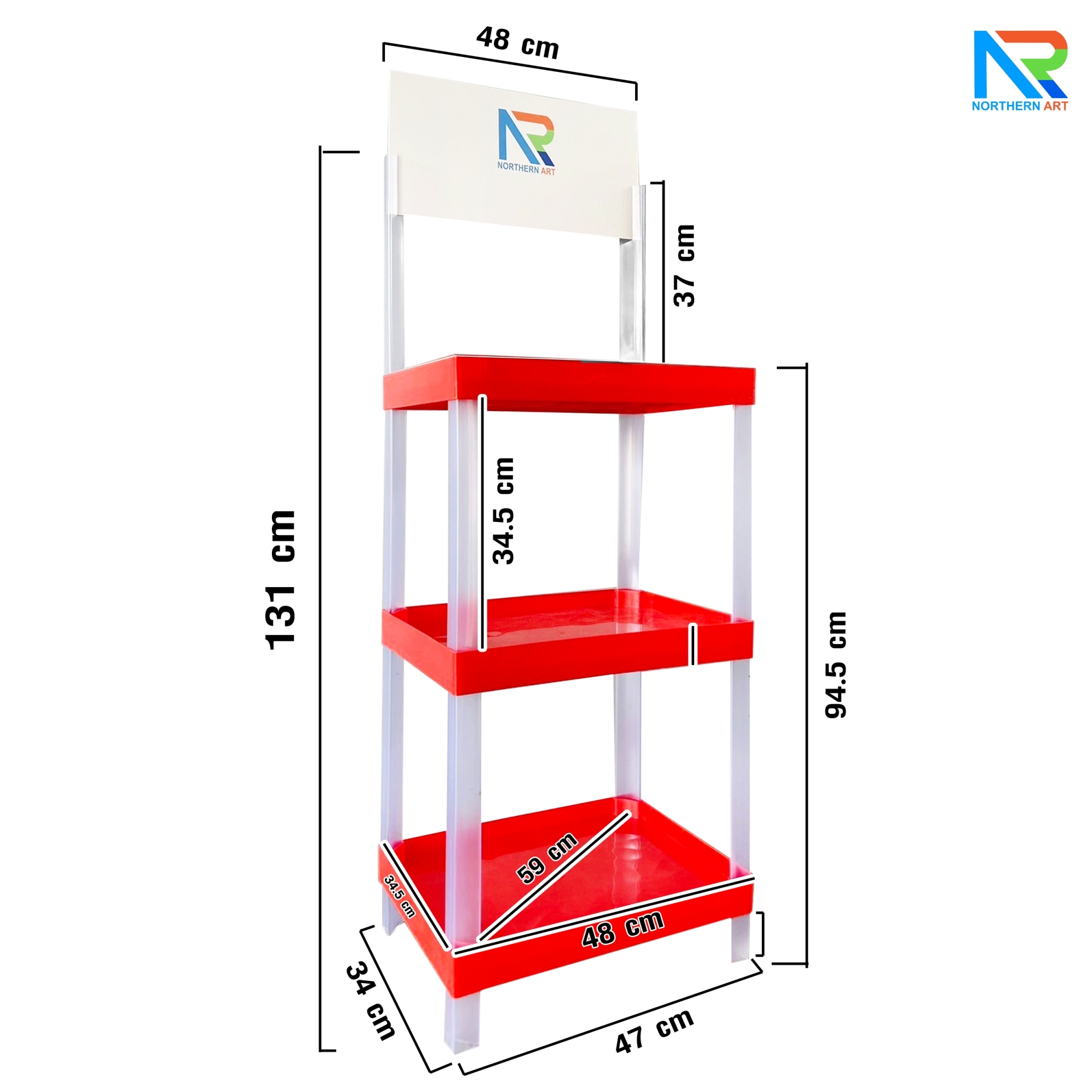 ชั้นวางสินค้าพลาสติก 3 ชั้น สีแดง ขนาด (W) 53 x (L) 35 x (H) 140 cm. น้ำหนักเบา ถอดประกอบได้