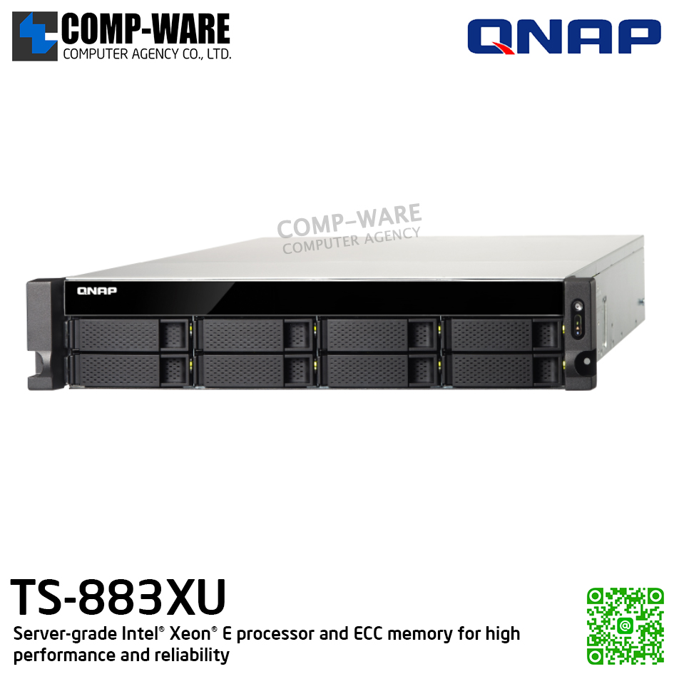 QNAP (2U 8-Bay) TS-883XU-E2124-8G / Intel Xeon E-2124 (8Core) / 8GB UDIMM DDR4 ECC (2 x 4GB) / 8 x 2.5"/3.5" SATA 6Gbps / 4 x GigaLan, 2 x 10GbE SFP+ SmartNIC / 350W Single PSU / 3Y Warranty , No HDD , No Rail Kit