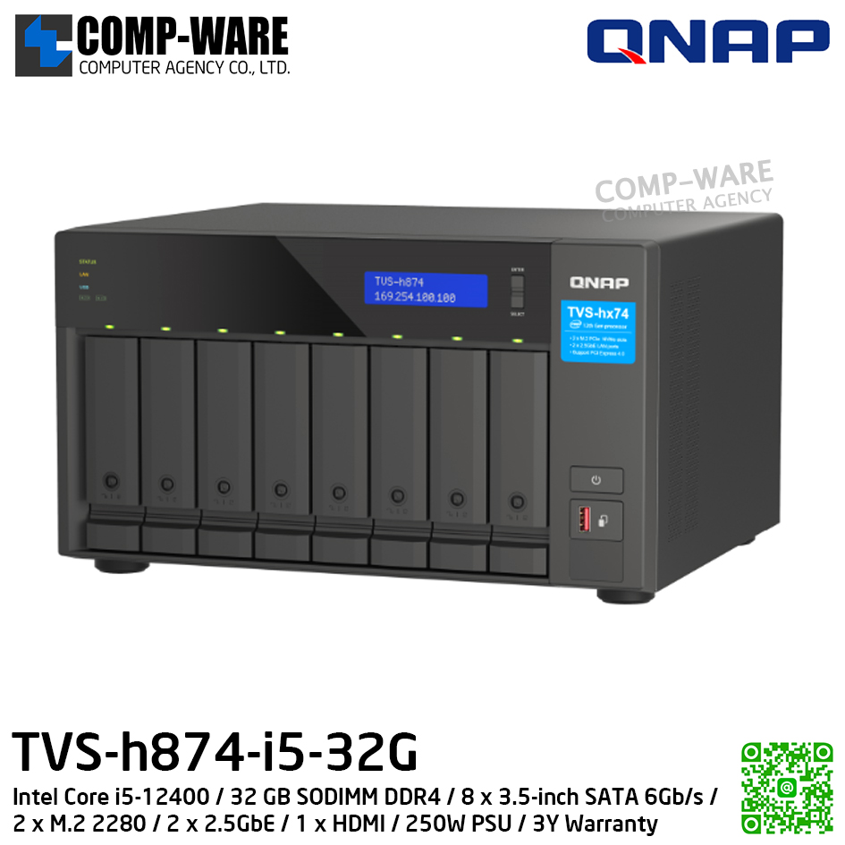 QNAP (Tower 8-Bay) TVS-h874-i5-32G / Intel Core i5-12400 / 32 GB SODIMM DDR4 / 8 x 3.5-inch SATA 6Gb/s / 2 x M.2 2280 / 2 x 2.5GbE / 1 x HDMI / 250W PSU / 3Y Warranty / No HDD