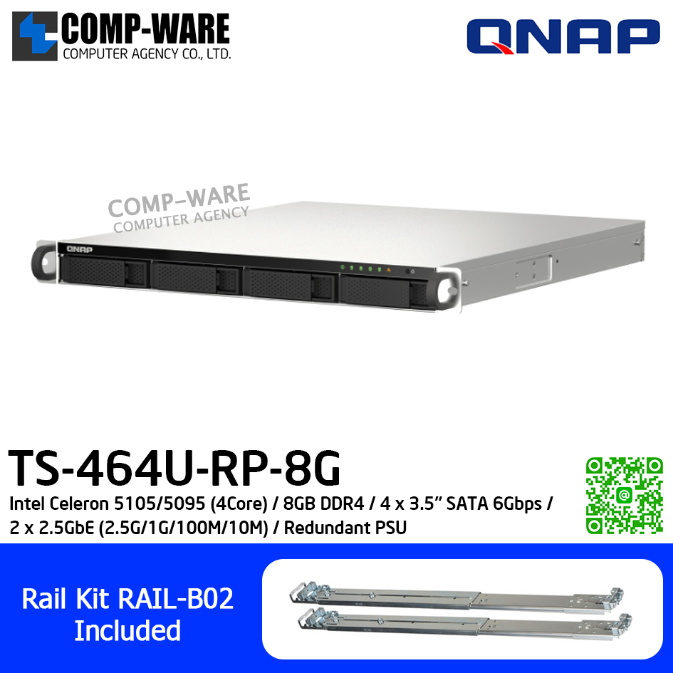 QNAP (1U 4-Bay) TS-464U-RP-8G / Intel Celeron 5105/5095 (4Core) / 8GB DDR4 / 4 x 3.5" SATA 6Gbps / 2 x 2.5GbE (2.5G/1G/100M/10M) / Redundant PSU / 3Y Warranty / No HDD / Rail Kit RAIL-B02