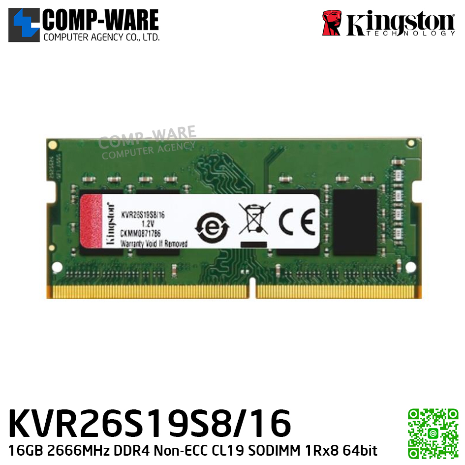 Kingston KVR26S19S8/16 16GB 2666MHz DDR4 Non-ECC CL19 SODIMM 1Rx8 64bit - Lifetime Warranty - Memory Module - RAM