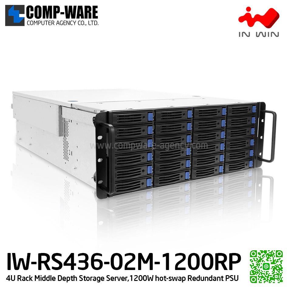 IN-WIN IW-RS436-02M-1200RP 4U Rackmount Middle Depth Storage Server, 1200W hot-swap Redundant Power Supply (เคสเปล่า+พาวเวอร์ซัพพลาย) รับประกัน 3ปี