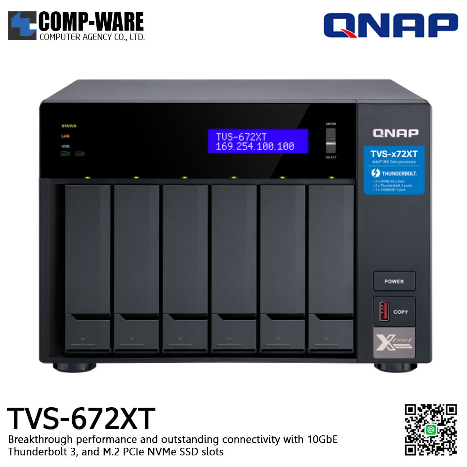 QNAP NAS (6-Bay) TVS-672XT Core i3-8100T (8GB RAM) Thunderbolt™3, M.2 SSD Slot, 10GbE - No HDD - TVS-672XT-i3-8G