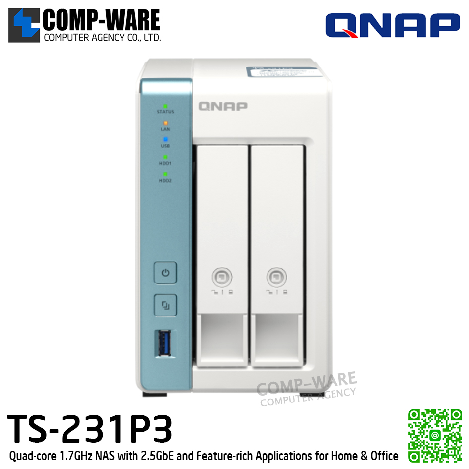 QNAP (Tower 2-Bay) TS-231P3-4G / Annapurna Labs Alpine AL-314 (4Core) / 2GB DDR3L SODIMM / 4 x 2.5" & 3.5" SATA 6Gb/s / 1 x 2.5GbE + 1 x GbE / Adapter Power / 2Y Warranty / No HDD