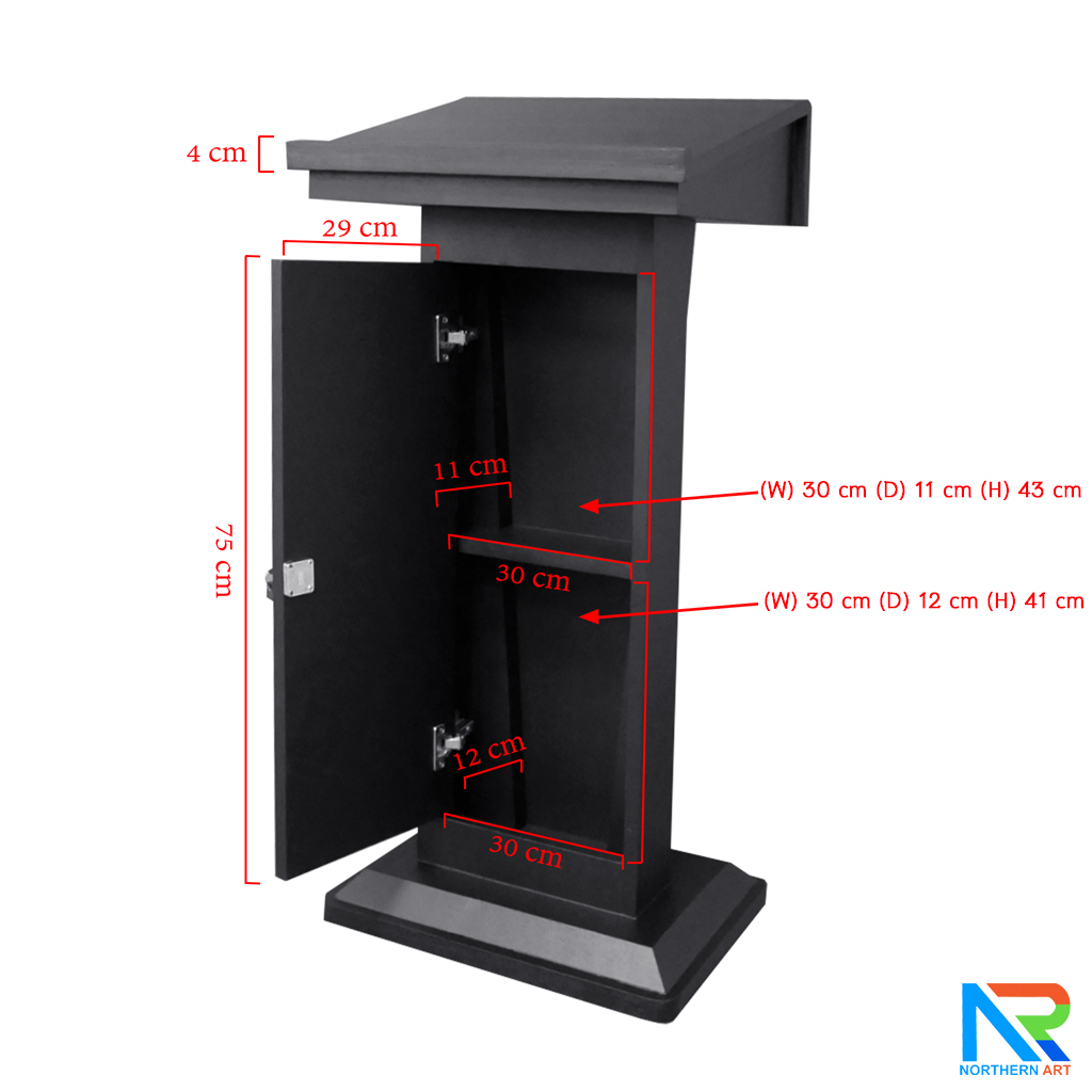โพเดียมไม้ สีดำ รุ่น PD-WJ-02 ขนาด (W)58 x (L)46.5 cm. สูง 115 cm. ทรงโมเดิร์น TOP เอียง พร้อมตู้ใส่ของมีกุญแจล็อค